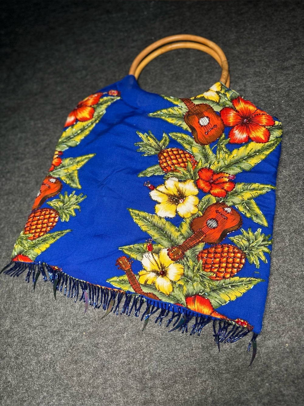 Vintage Blue Tropical Print Beaded Handbag with Bamboo Handles